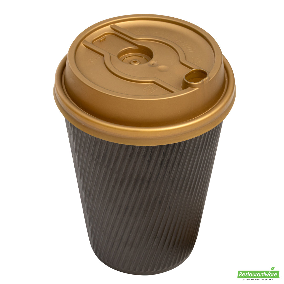 Wholesale Restaurantware Restpresso Gold Plastic 2-in-1 Straw or Sippy Coffee Cup Lid - with Detachable Double Plug, Fits 8, 12, 16 and 20 oz- Bulk