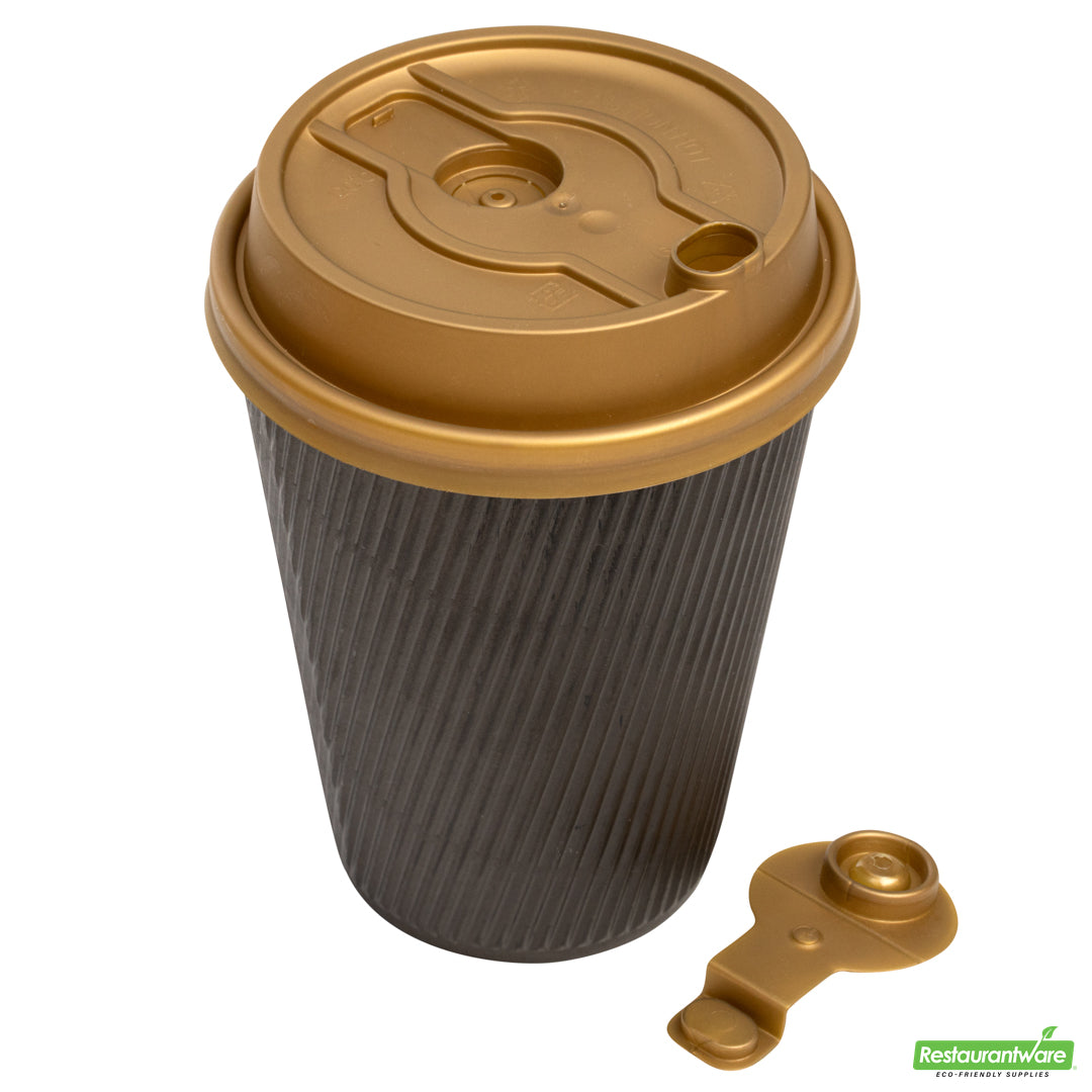 Wholesale Restaurantware Restpresso Gold Plastic 2-in-1 Straw or Sippy Coffee Cup Lid - with Detachable Double Plug, Fits 8, 12, 16 and 20 oz- Bulk