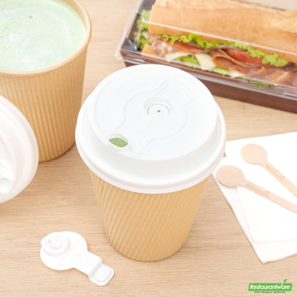 Wholesale Restaurantware Restpresso White Plastic 2-in-1 Straw or Sippy Coffee Cup Lid - with Detachable Double Plug, Fits 8, 12, 16 and 20 oz- Bulk