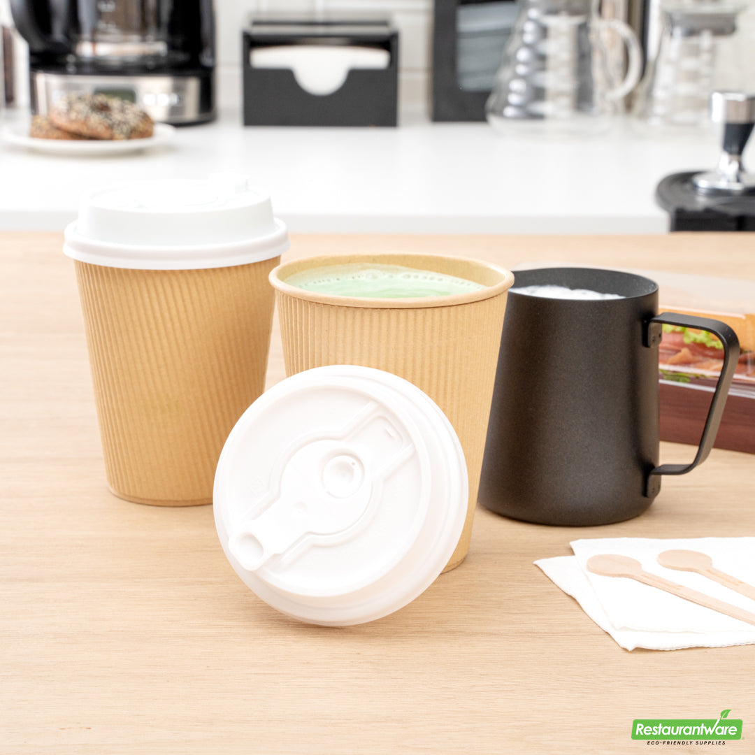 Wholesale Restaurantware Restpresso White Plastic 2-in-1 Straw or Sippy Coffee Cup Lid - with Detachable Double Plug, Fits 8, 12, 16 and 20 oz- Bulk