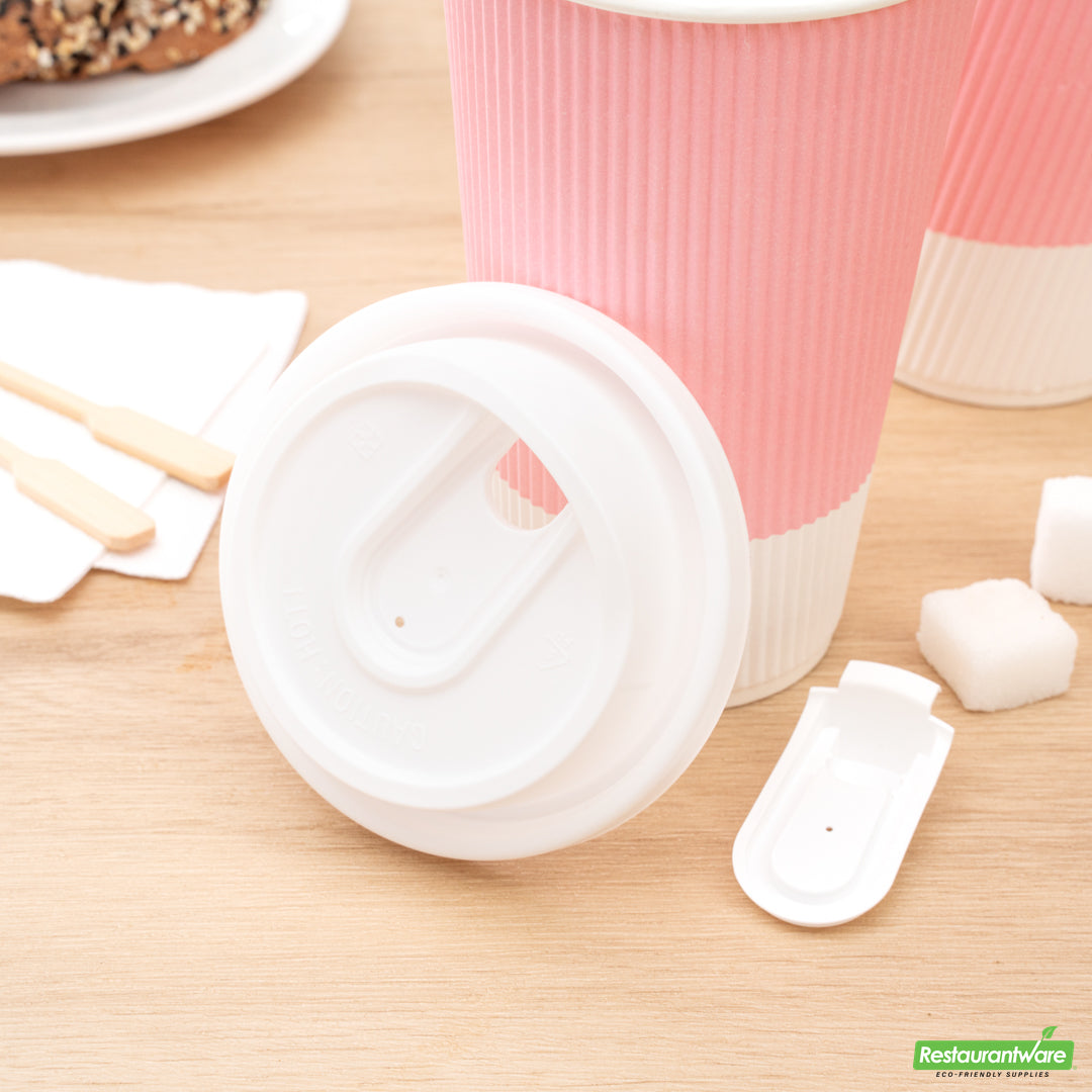 Wholesale Restaurantware Restpresso White Plastic Coffee Cup Lid - with Detachable Plug, Fits 8, 12, 16 and 20 Oz- Bulk