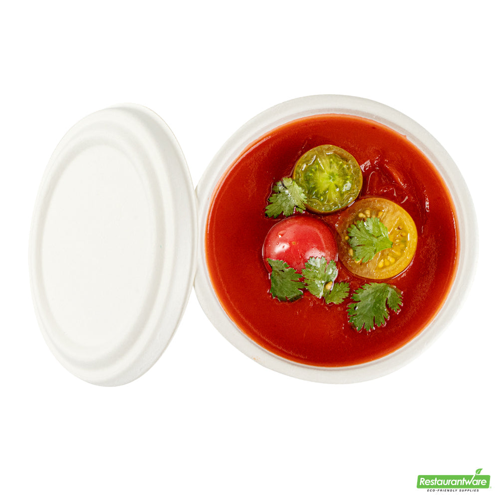 Wholesale Restaurantware Pulp Safe No PFAS Added Round White Sugarcane / Bagasse Lid - Home Compostable, Fits 15 oz Soup Cup- Bulk
