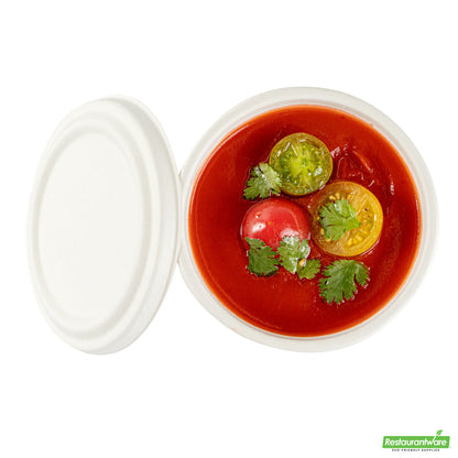 Wholesale Restaurantware Pulp Safe No PFAS Added Round White Sugarcane / Bagasse Lid - Home Compostable, Fits 15 oz Soup Cup- Bulk