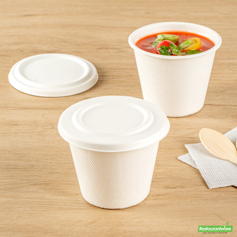 Wholesale Restaurantware Pulp Safe No PFAS Added Round White Sugarcane / Bagasse Lid - Home Compostable, Fits 15 oz Soup Cup- Bulk