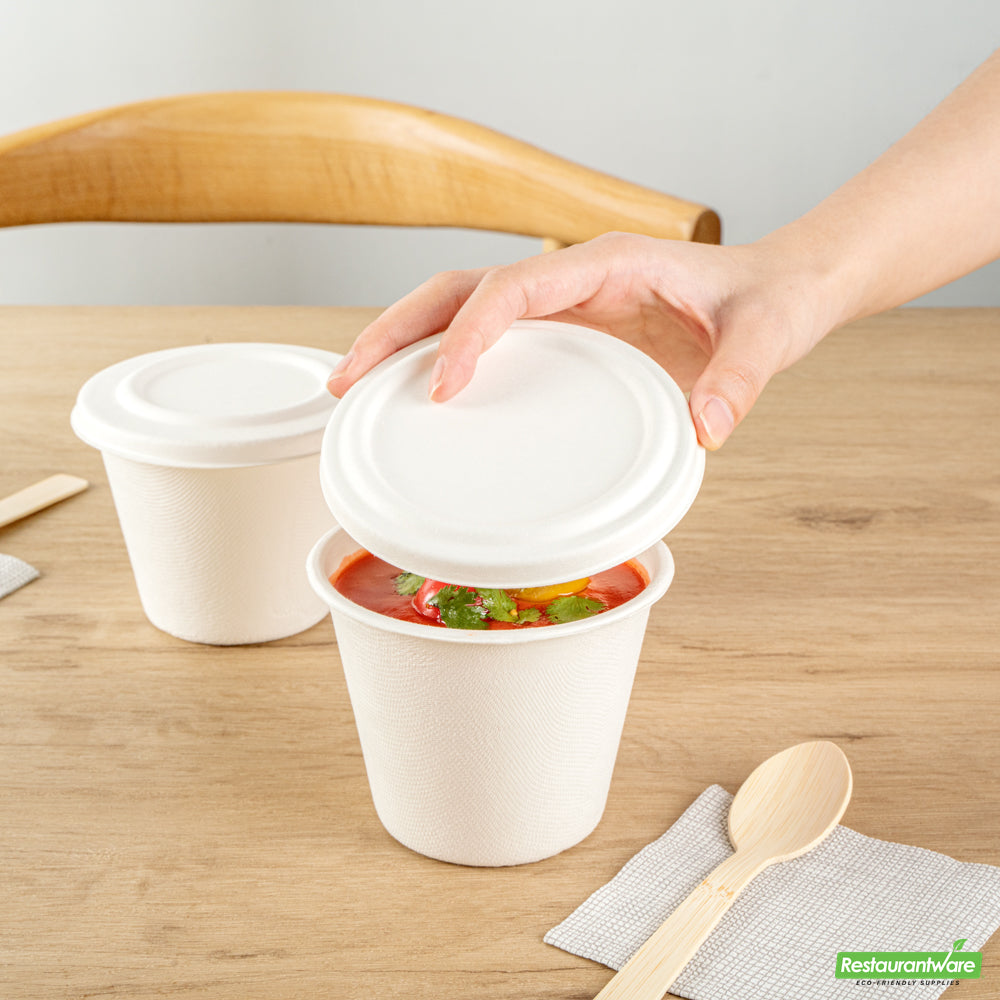 Wholesale Restaurantware Pulp Safe No PFAS Added Round White Sugarcane / Bagasse Lid - Home Compostable, Fits 15 oz Soup Cup- Bulk