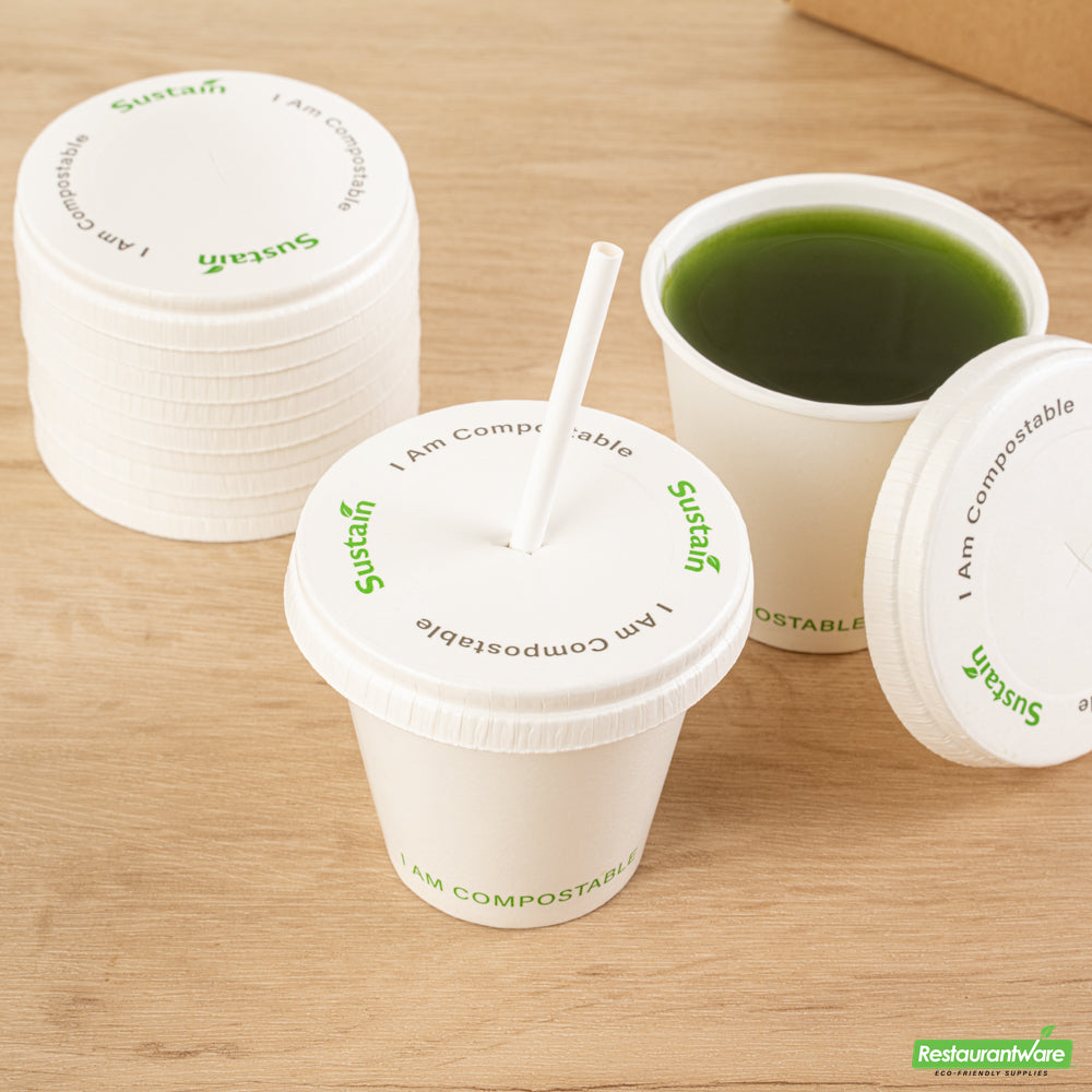 Wholesale Restaurantware Sustain White Paper Cold Cup Flat Lid - Fits 9, 12, 16, 20 and 22 oz, PLA Lining, Compostable- Bulk