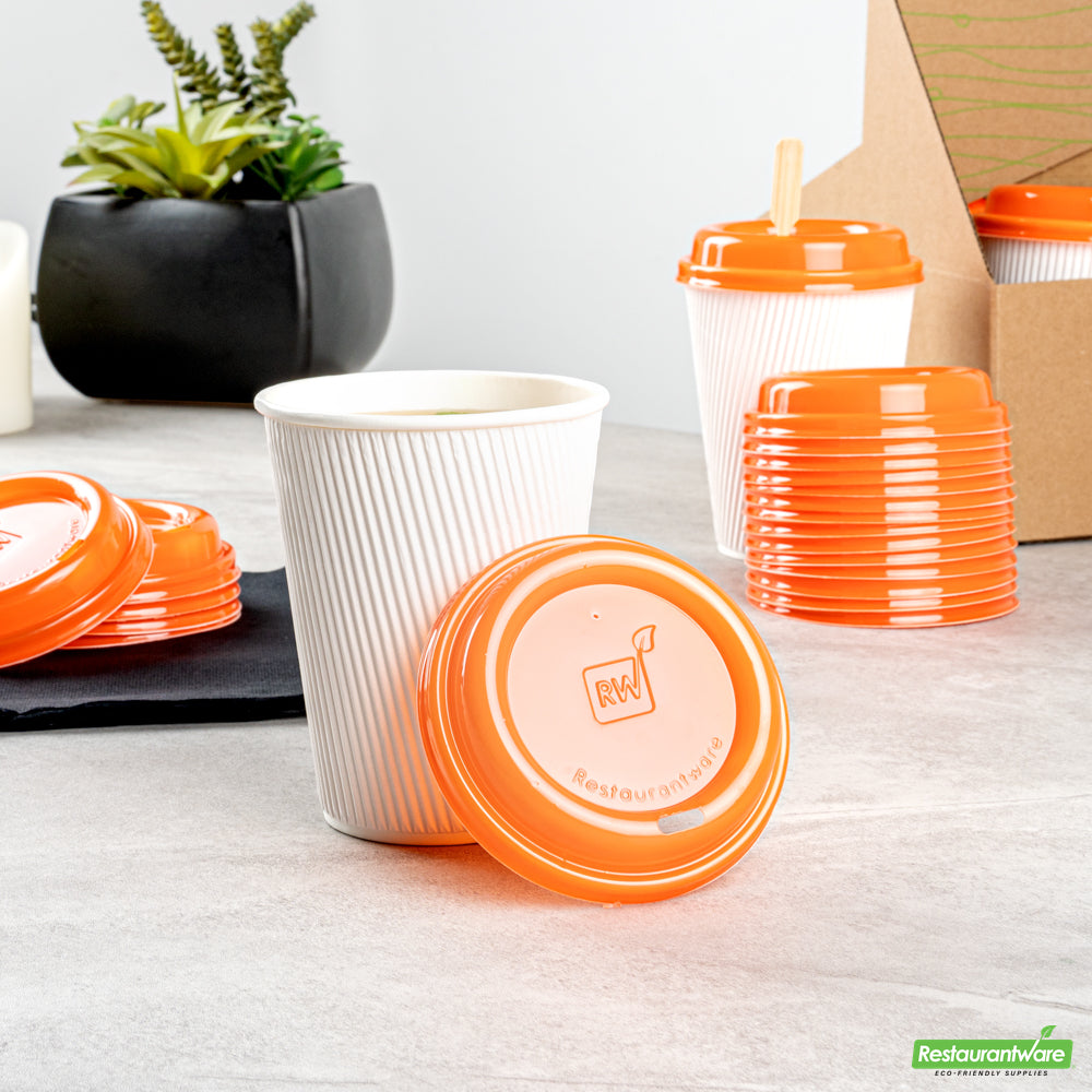 Wholesale Restaurantware Restpresso Glossy Tangerine Orange Plastic Coffee Cup Lid - Fits 8, 12, 16 and 20 oz- Bulk