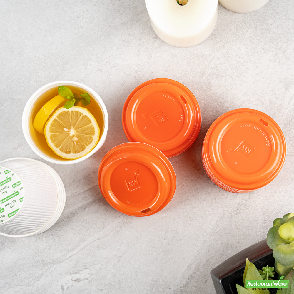 Wholesale Restaurantware Restpresso Glossy Tangerine Orange Plastic Coffee Cup Lid - Fits 8, 12, 16 and 20 oz- Bulk