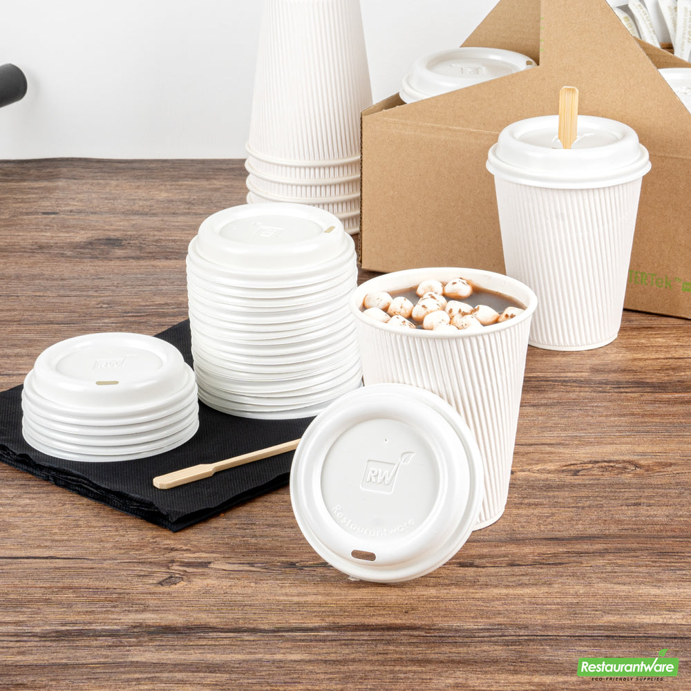 Wholesale Restaurantware Restpresso Glossy White Plastic Coffee Cup Lid - Fits 8, 12, 16 and 20 oz- Bulk