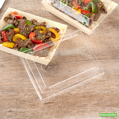 Wholesale Restaurantware Taipei Clear Plastic Lid - Fits Rectangle Poplar Short Flare Container- Bulk