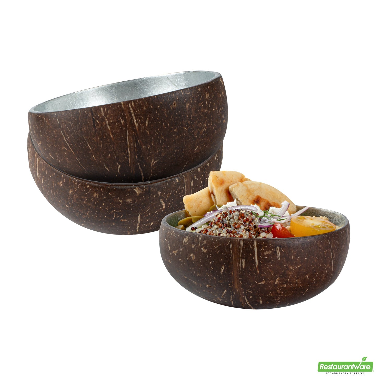 Wholesale Restaurantware Coco Casa 16 oz Metallic Silver Handmade Coconut Bowl- Bulk