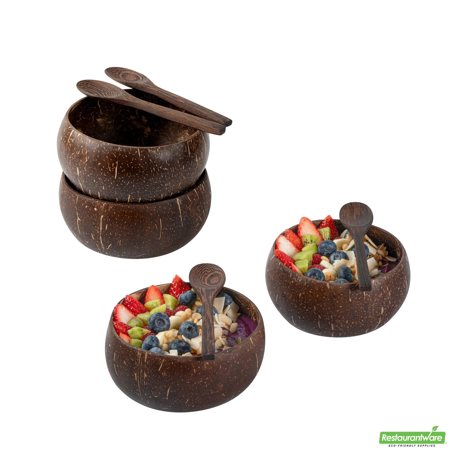 Wholesale Restaurantware Coco Casa 4-Piece Handmade Coconut Bowl and Wooden Spoon Set- Bulk