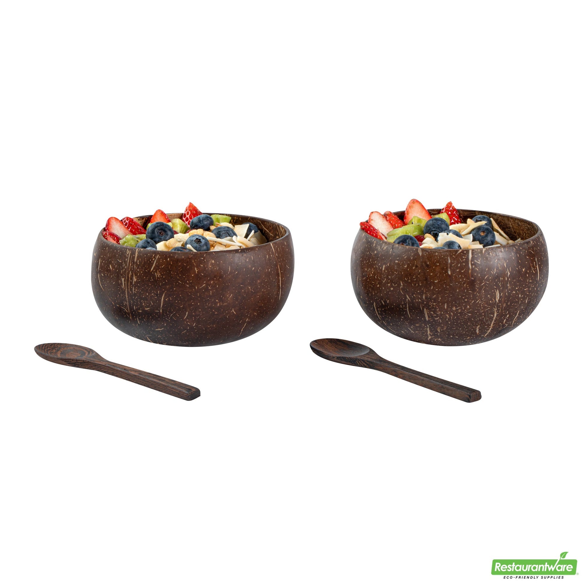 Wholesale Restaurantware Coco Casa 4-Piece Handmade Coconut Bowl and Wooden Spoon Set- Bulk