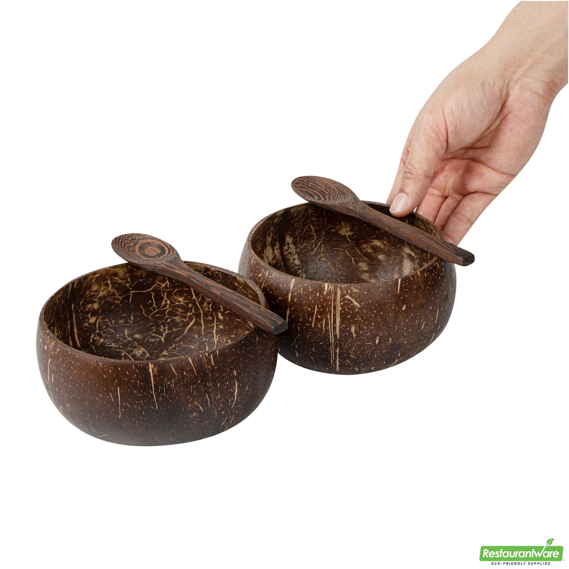 Wholesale Restaurantware Coco Casa 4-Piece Handmade Coconut Bowl and Wooden Spoon Set- Bulk