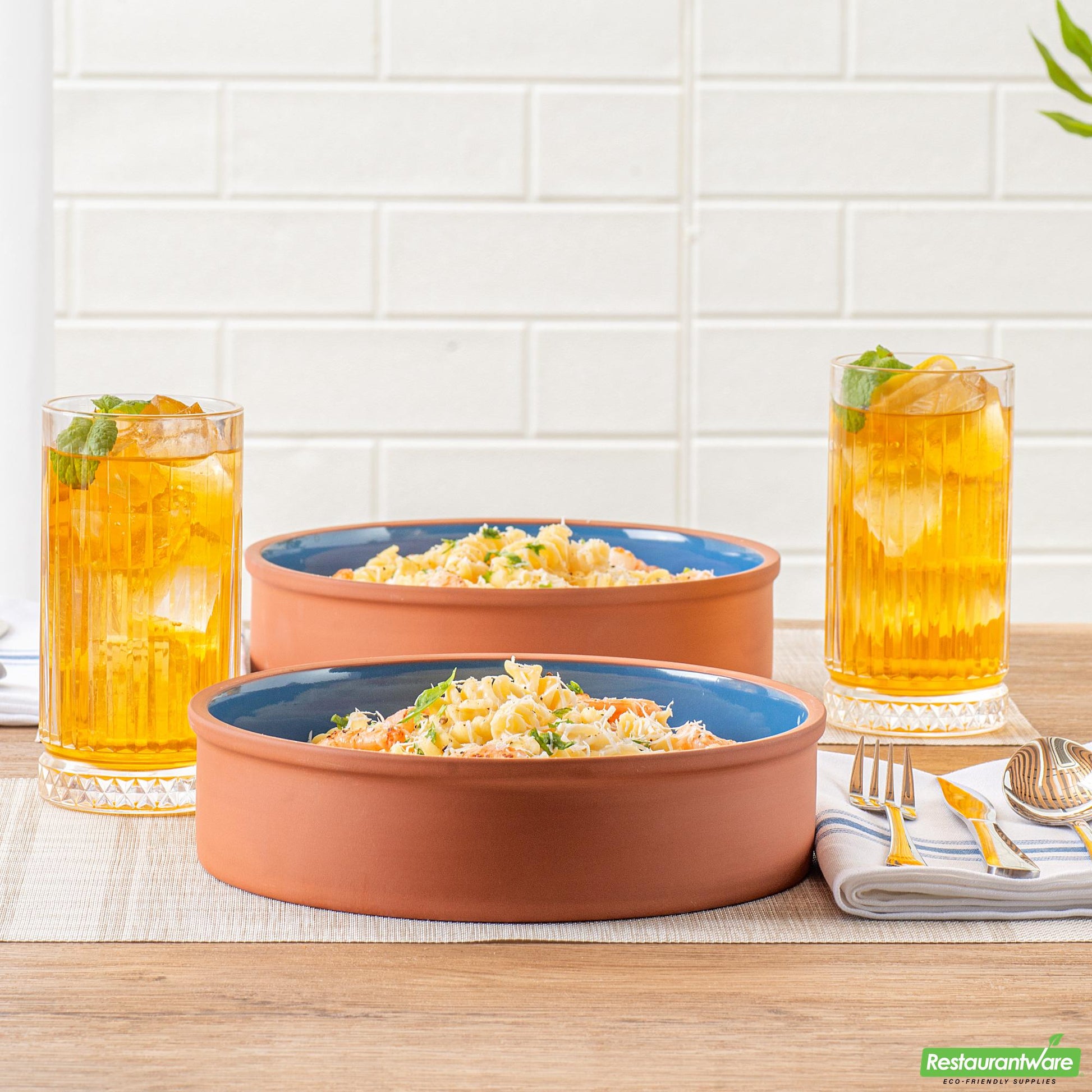 Wholesale Restaurantware 51 Oz Terracotta Cazuela Bowl - Blue Glazed Interior, Oven-Safe- Bulk