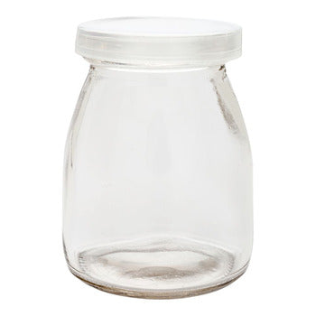 Wholesale Restaurantware 5 Oz Round Nostalgic Milk and Yogurt Glass - with Plastic Lid - 2 1/2" X 2 1/2" X 3 1/4"- Bulk