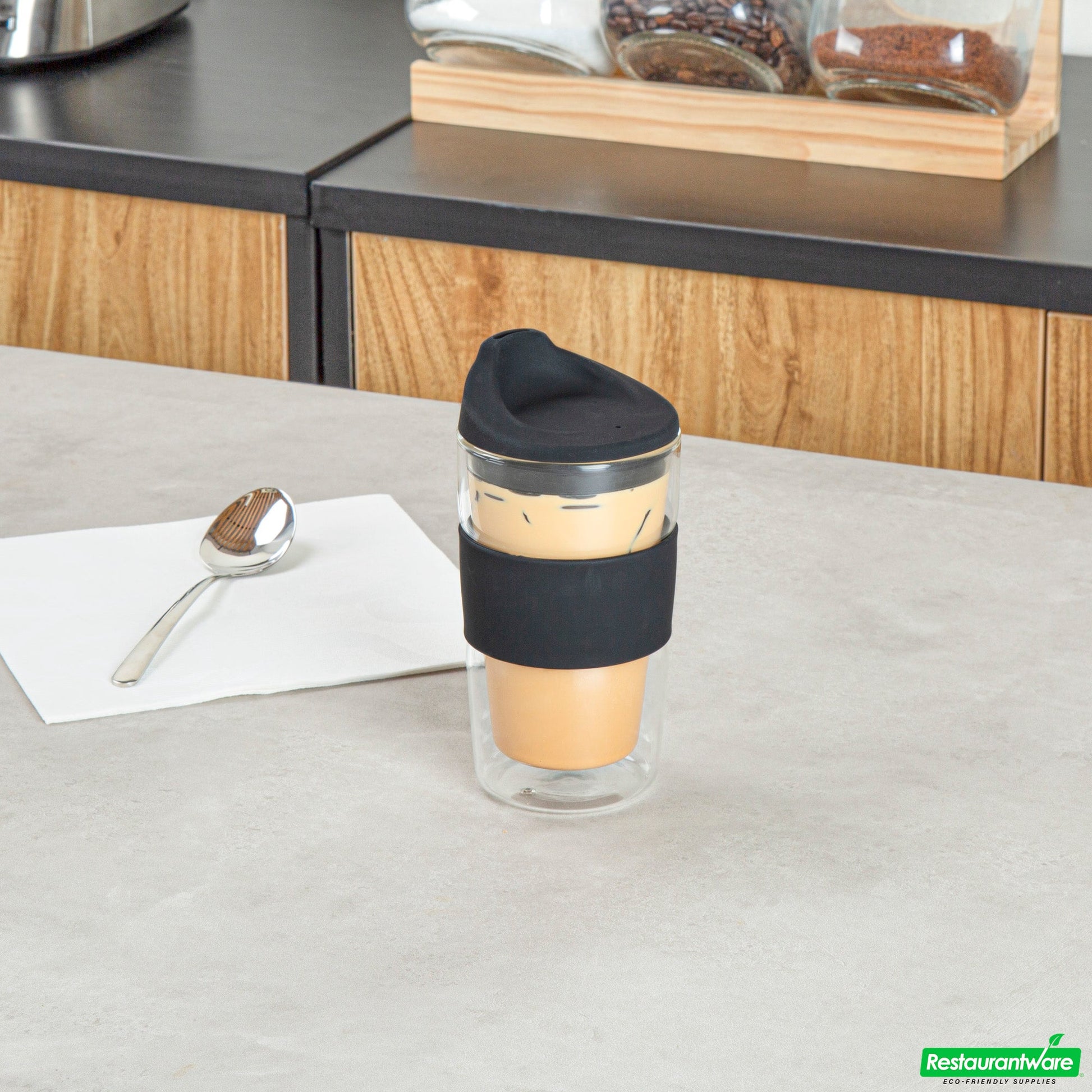 Wholesale Restaurantware Forma 12 Oz Glass Travel Mug - Double Wall, Borosilicate, with Black Lid and Sleeve - 10 Count Box- Bulk