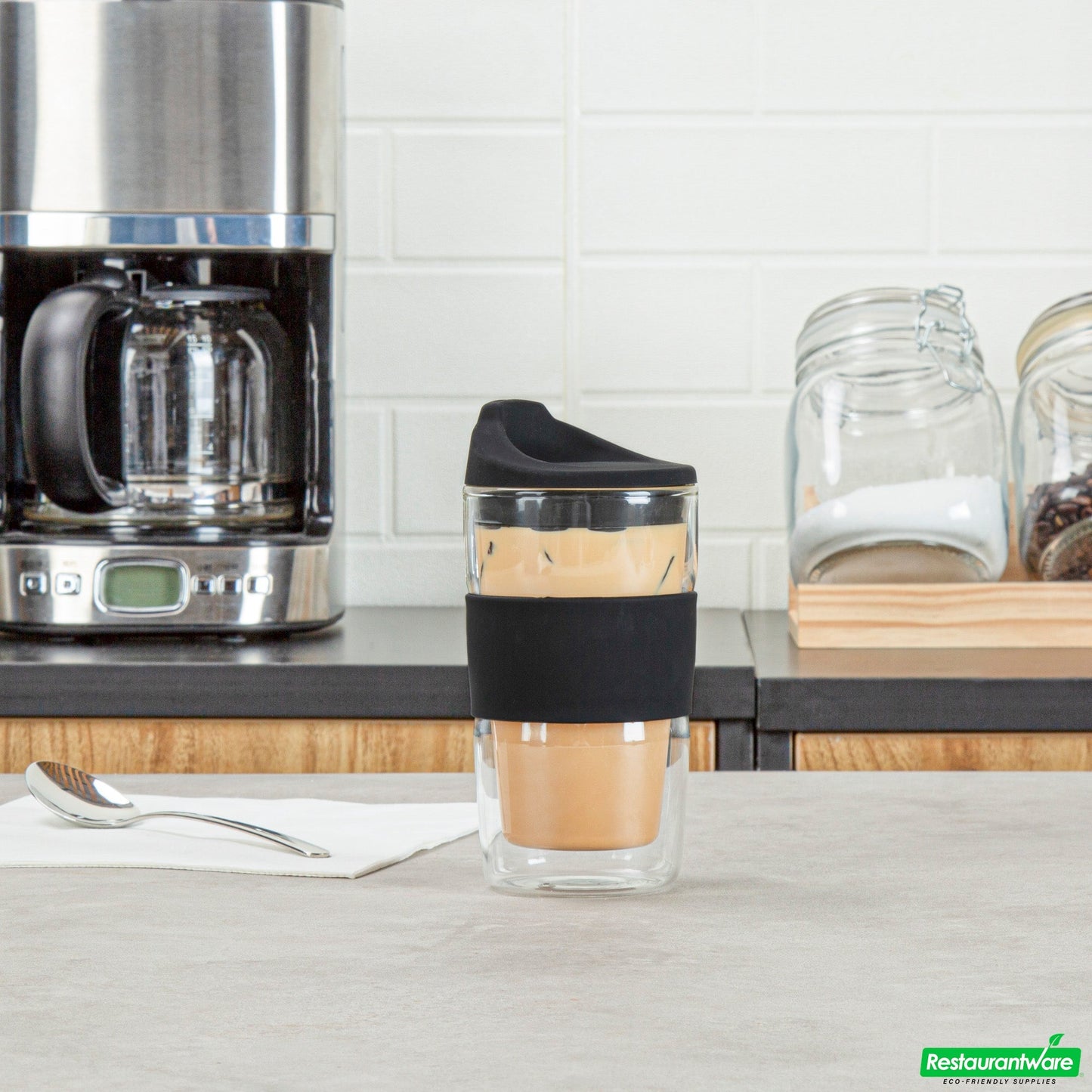 Wholesale Restaurantware Forma 12 Oz Glass Travel Mug - Double Wall, Borosilicate, with Black Lid and Sleeve - 10 Count Box- Bulk