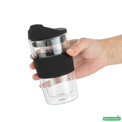 Wholesale Restaurantware Forma 12 Oz Glass Travel Mug - Double Wall, Borosilicate, with Black Lid and Sleeve - 10 Count Box- Bulk