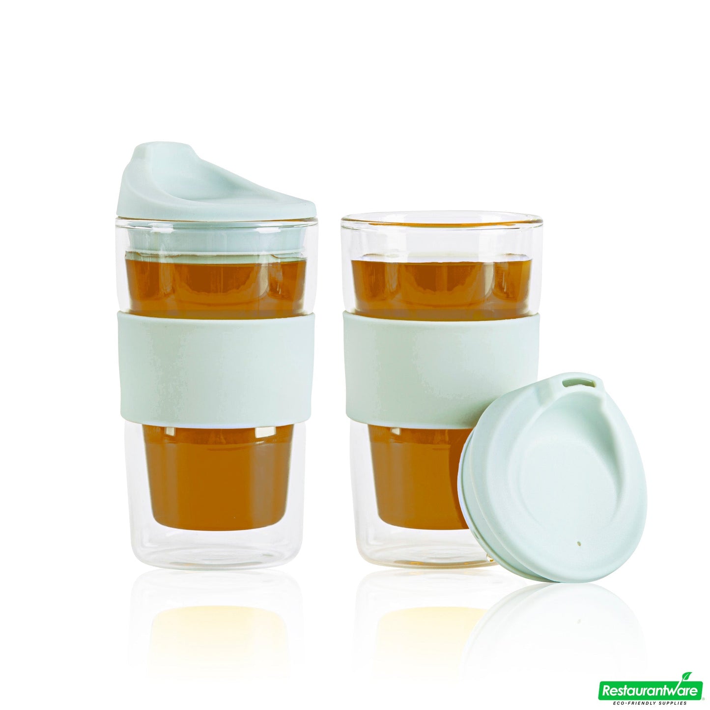 Wholesale Restaurantware Forma 12 Oz Glass Travel Mug - Double Wall, Borosilicate, with Mint Green Lid and Sleeve - 10 Count Box- Bulk