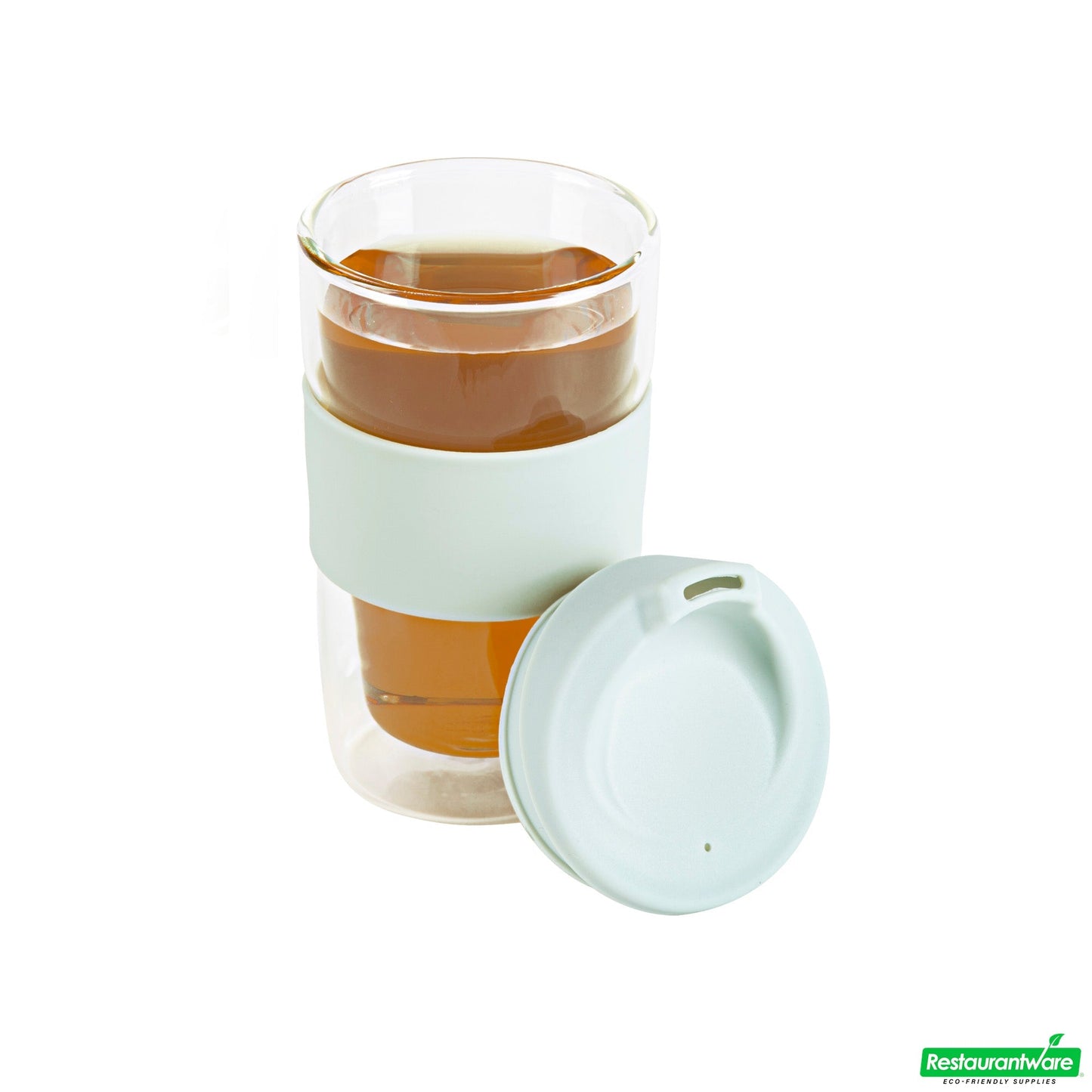 Wholesale Restaurantware Forma 12 Oz Glass Travel Mug - Double Wall, Borosilicate, with Mint Green Lid and Sleeve - 10 Count Box- Bulk