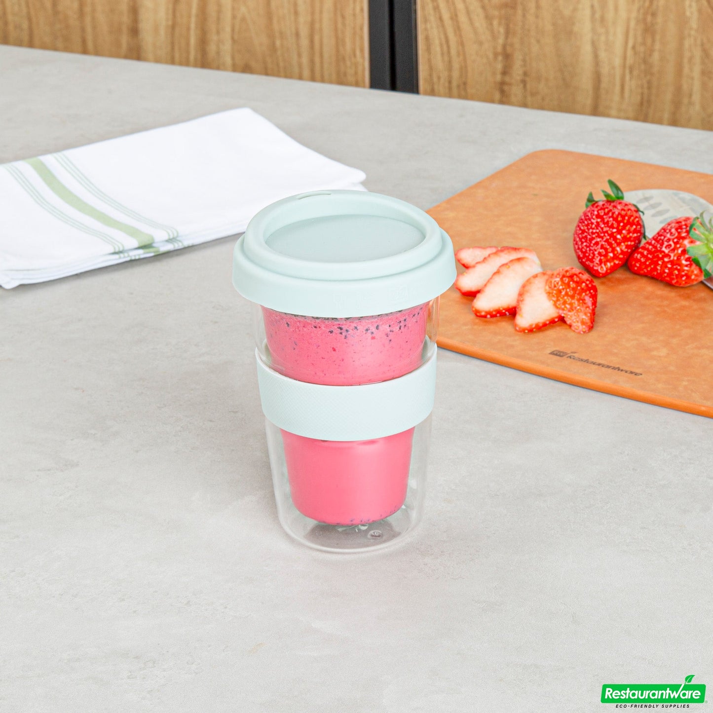 Wholesale Restaurantware Forma 14 Oz Glass Travel Mug - Double Wall, Borosilicate, with Mint Green Lid and Sleeve - 10 Count Box- Bulk