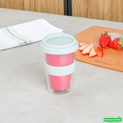Wholesale Restaurantware Forma 14 Oz Glass Travel Mug - Double Wall, Borosilicate, with Mint Green Lid and Sleeve - 10 Count Box- Bulk