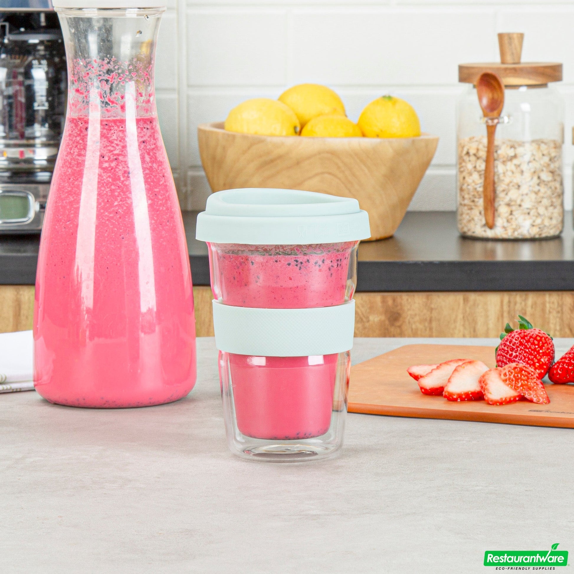 Wholesale Restaurantware Forma 14 Oz Glass Travel Mug - Double Wall, Borosilicate, with Mint Green Lid and Sleeve - 10 Count Box- Bulk
