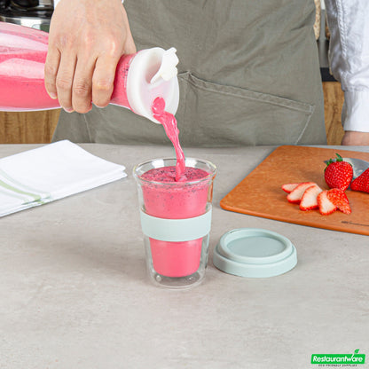 Wholesale Restaurantware Forma 14 Oz Glass Travel Mug - Double Wall, Borosilicate, with Mint Green Lid and Sleeve - 10 Count Box- Bulk