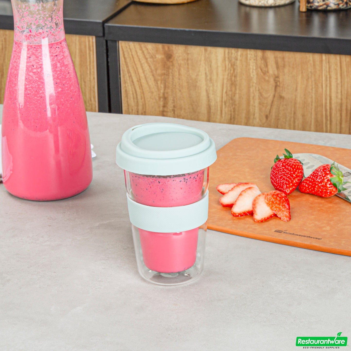 Wholesale Restaurantware Forma 14 Oz Glass Travel Mug - Double Wall, Borosilicate, with Mint Green Lid and Sleeve - 10 Count Box- Bulk