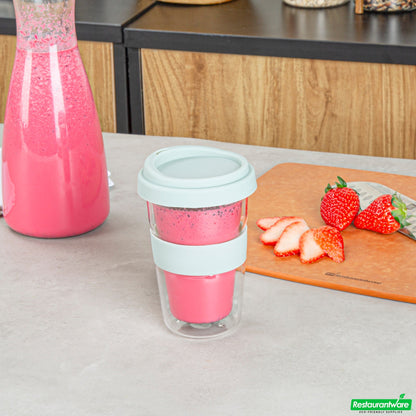 Wholesale Restaurantware Forma 14 Oz Glass Travel Mug - Double Wall, Borosilicate, with Mint Green Lid and Sleeve - 10 Count Box- Bulk