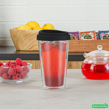 Wholesale Restaurantware Forma 14 Oz Glass Travel Mug - Double Wall, Borosilicate, with Black Lid - 10 Count Box- Bulk