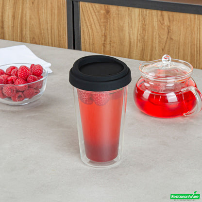 Wholesale Restaurantware Forma 14 Oz Glass Travel Mug - Double Wall, Borosilicate, with Black Lid - 10 Count Box- Bulk