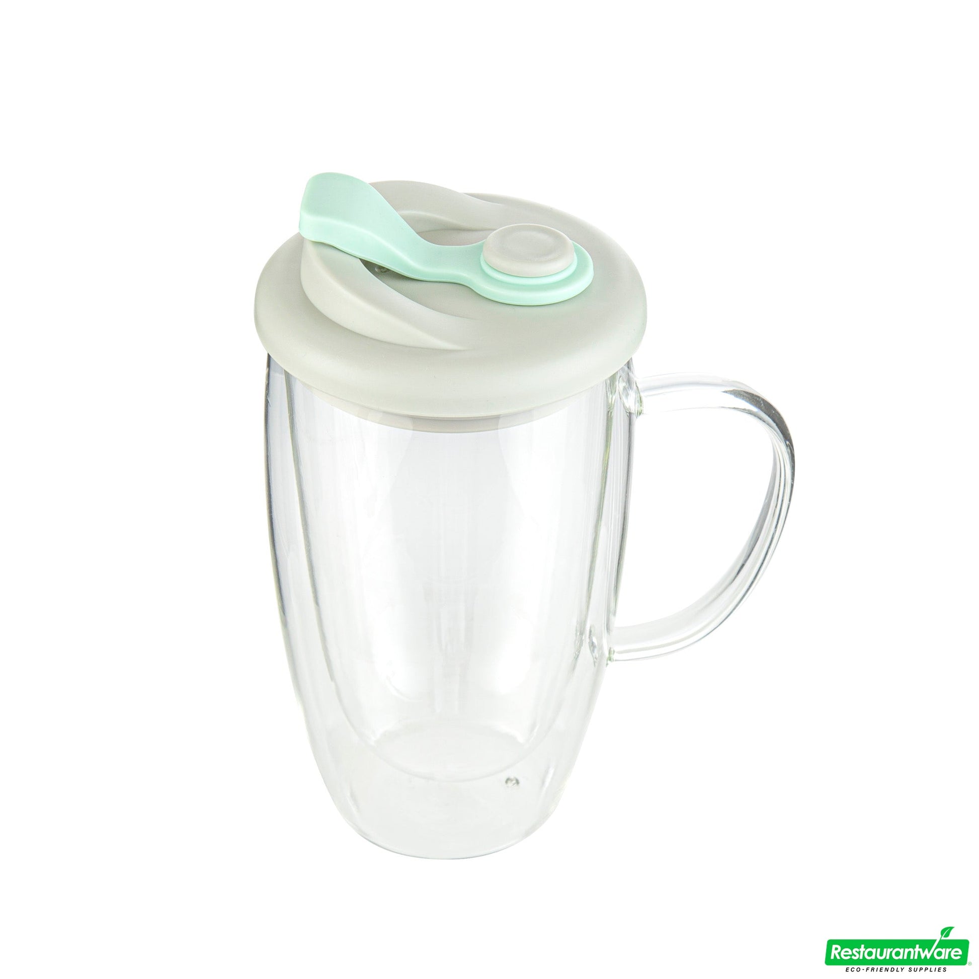 Wholesale Restaurantware Forma 15 Oz Glass Travel Mug - Double Wall, Borosilicate, with Handle and Gray and Green Lid - 10 Count Box- Bulk