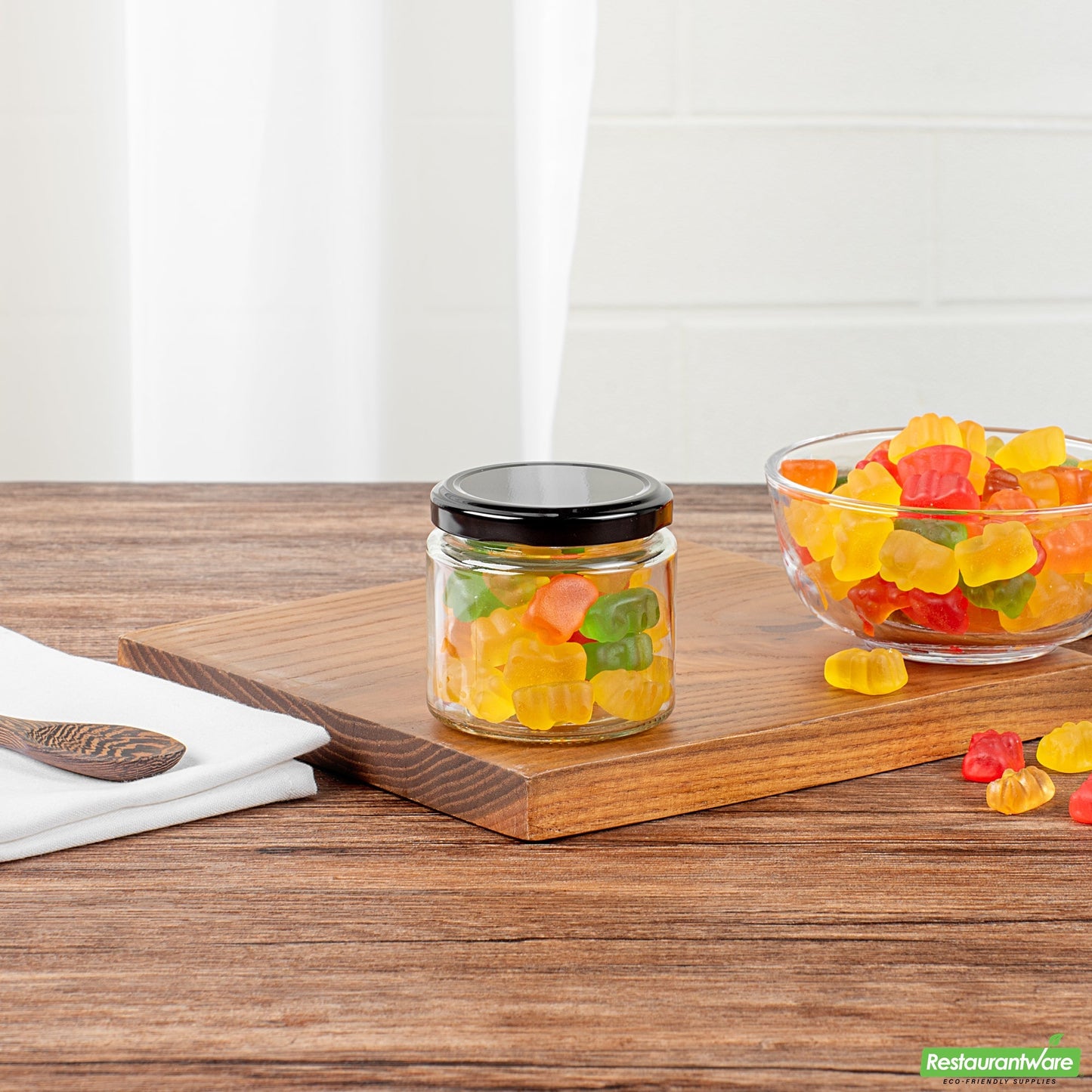 Wholesale Restaurantware Vetri 6 Oz Clear Glass Jar - with Black Metal Lid - 2 3/4 X 2 3/4 X 2 1/2 - 10 Count Box- Bulk