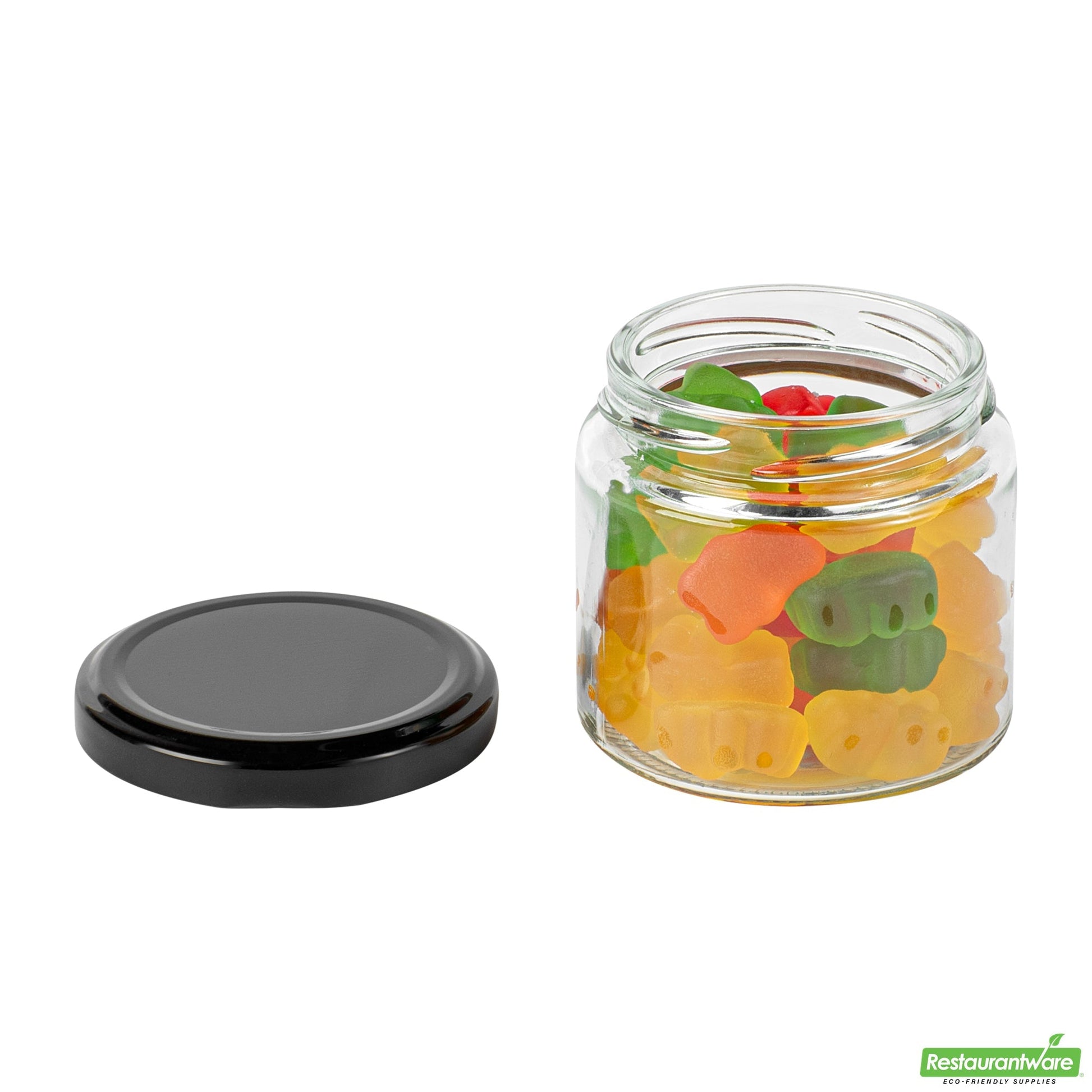 Wholesale Restaurantware Vetri 6 Oz Clear Glass Jar - with Black Metal Lid - 2 3/4 X 2 3/4 X 2 1/2 - 10 Count Box- Bulk