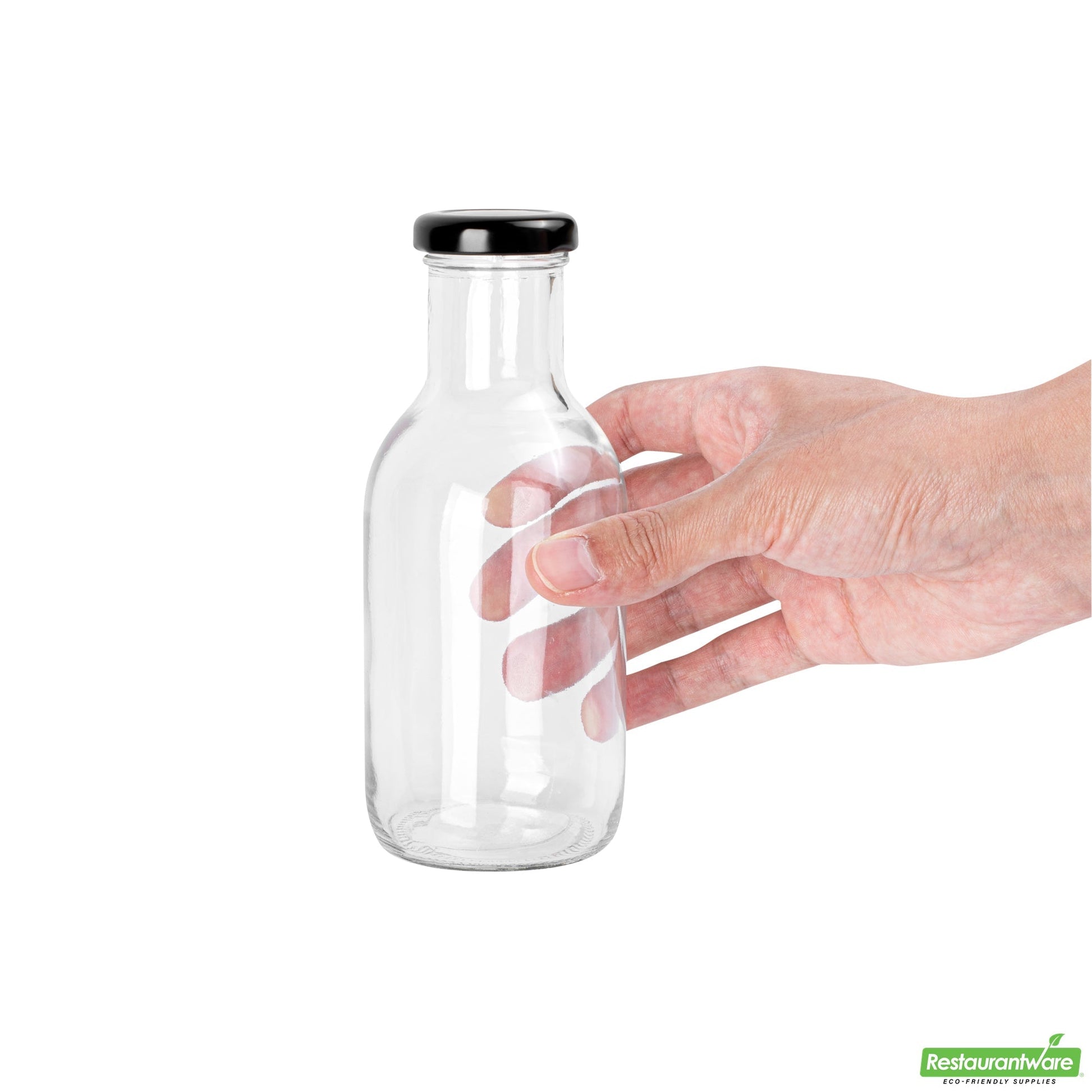 Wholesale Restaurantware Vetri 12 Oz Clear Glass Stout Bottle - with Black Metal Lid - 2 1/2" X 2 1/2" X 6 1/2" - 10 Count Box- Bulk