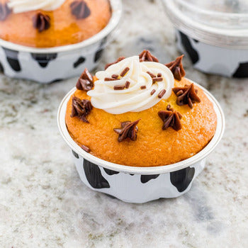 Wholesale Restaurantware 3 Oz Round Cow Lines Aluminum Baking Cup - with Plastic Dome Lid - 3.35" X 3.35" X 1.1"- Bulk