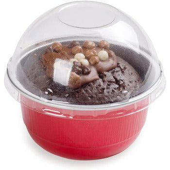Wholesale Restaurantware 5 Oz Round Red Aluminum Baking Cup - with Plastic Dome Lid - 3 1/4" X 3 1/4" X 1 3/4"- Bulk