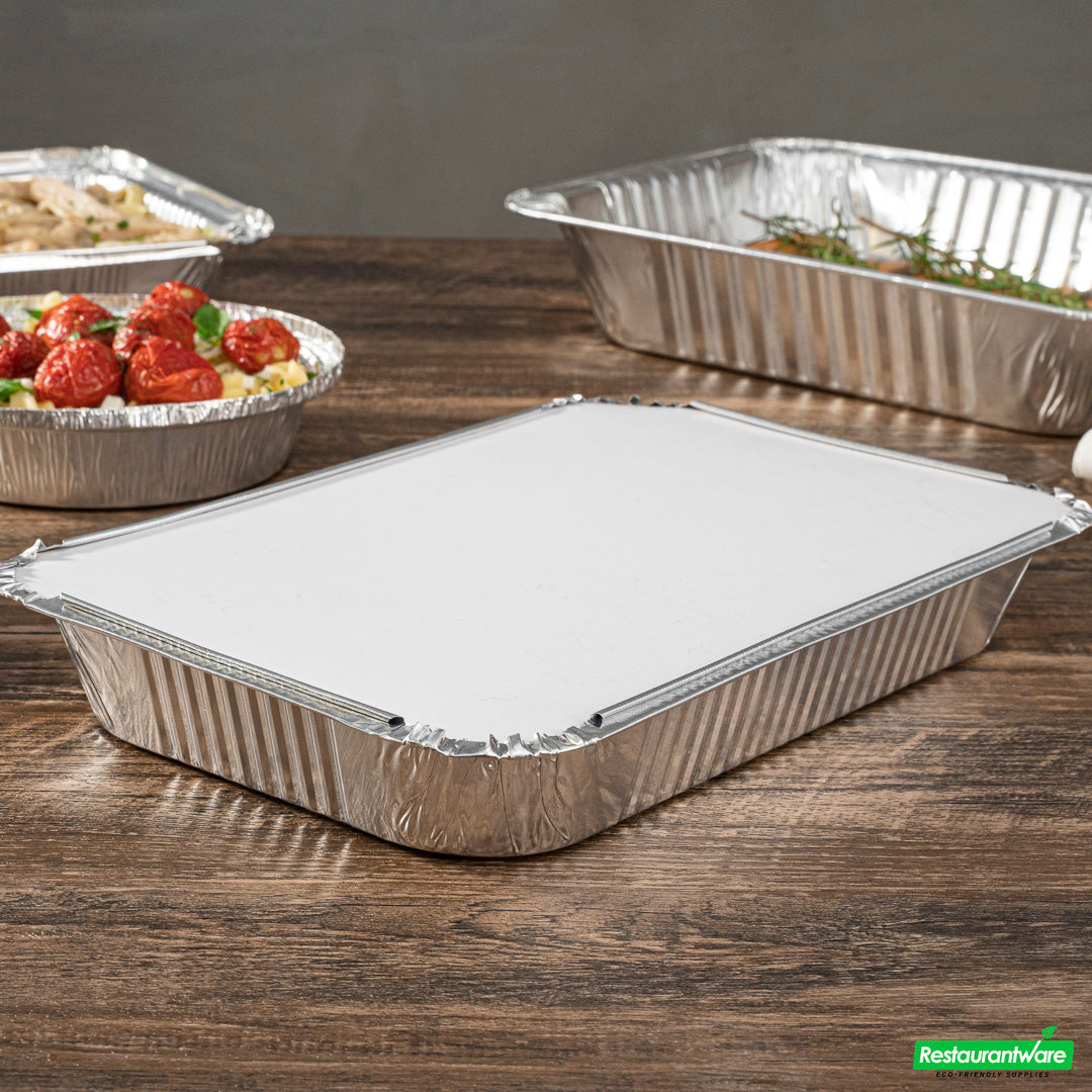 Wholesale Restaurantware Foil Lux White Paper Flat Foil-Laminated Board Lid - Fits 4 lb Take Out Container- Bulk