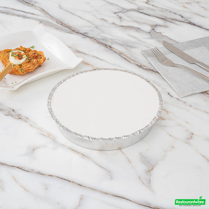 Wholesale Restaurantware Foil Lux Round White Paper Flat Foil-Laminated Board Lid - Fits 9" Take Out Pan- Bulk