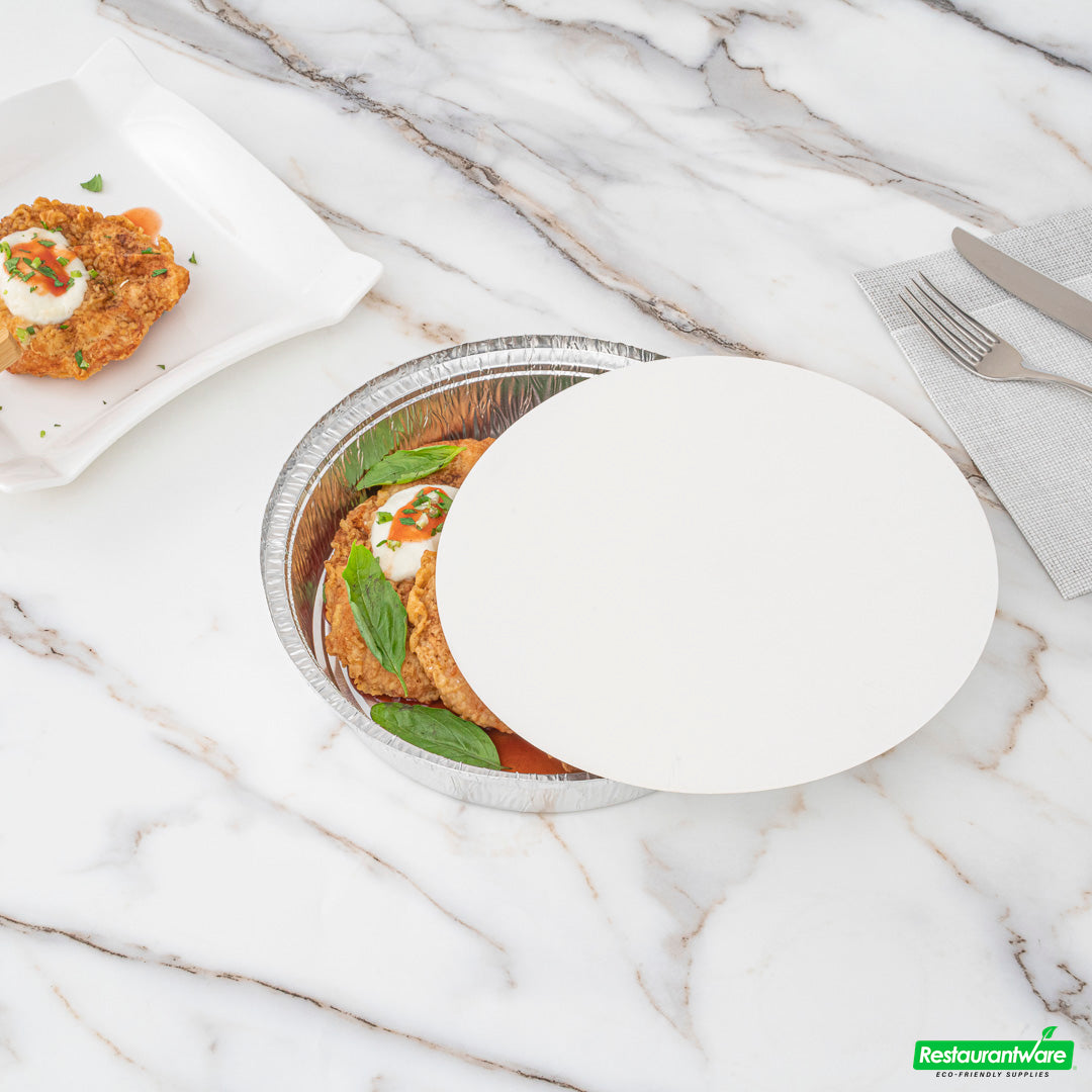 Wholesale Restaurantware Foil Lux Round White Paper Flat Foil-Laminated Board Lid - Fits 9" Take Out Pan- Bulk