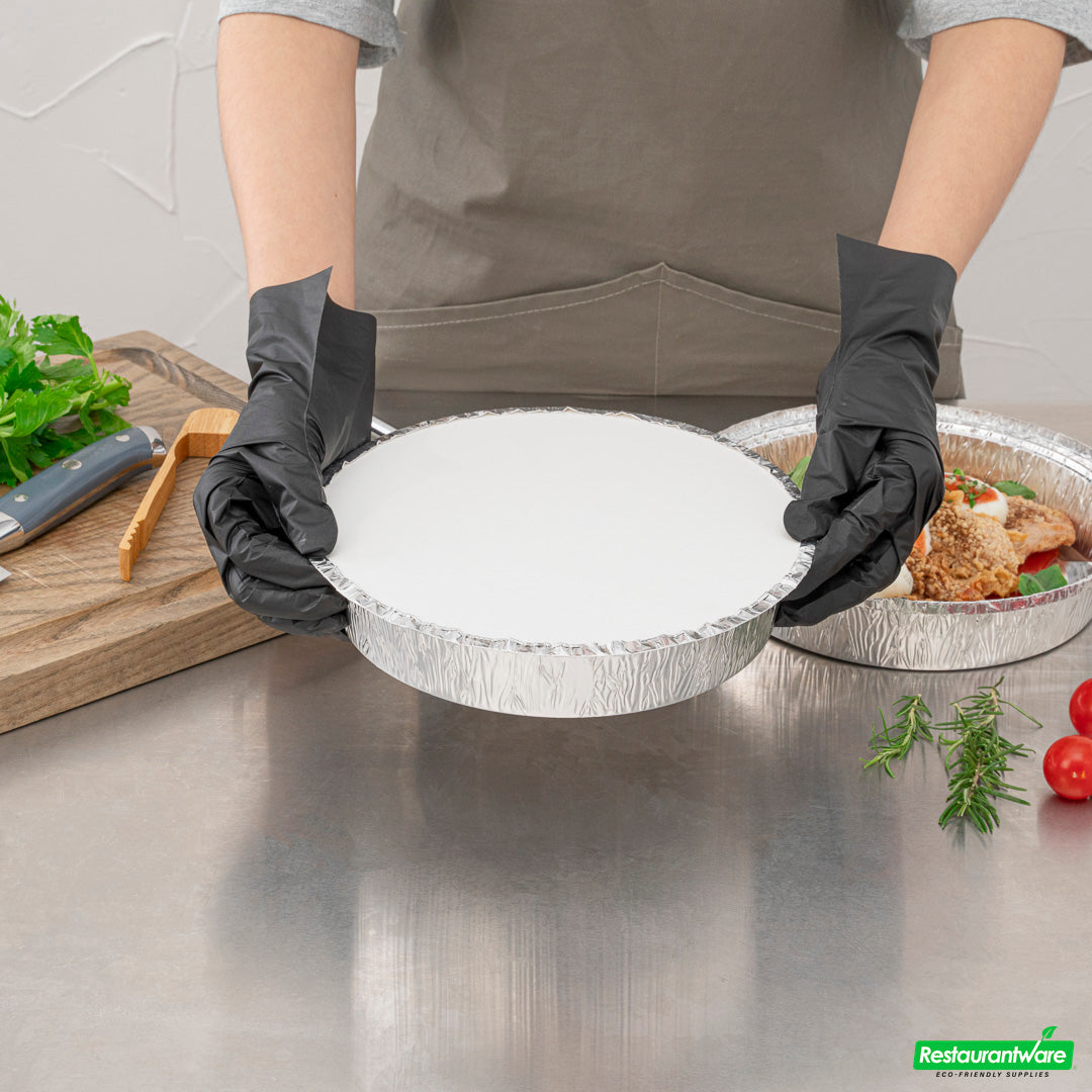 Wholesale Restaurantware Foil Lux Round White Paper Flat Foil-Laminated Board Lid - Fits 9" Take Out Pan- Bulk