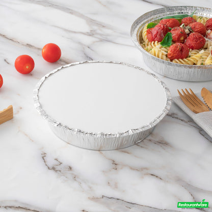 Wholesale Restaurantware Foil Lux Round White Paper Flat Foil-Laminated Board Lid - Fits 7" Take Out Pan- Bulk