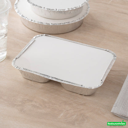 Wholesale Restaurantware Foil Lux Rectangle White Paper Flat Foil-Laminated Board Lid - Fits 3-Compartment Take Out Tray- Bulk