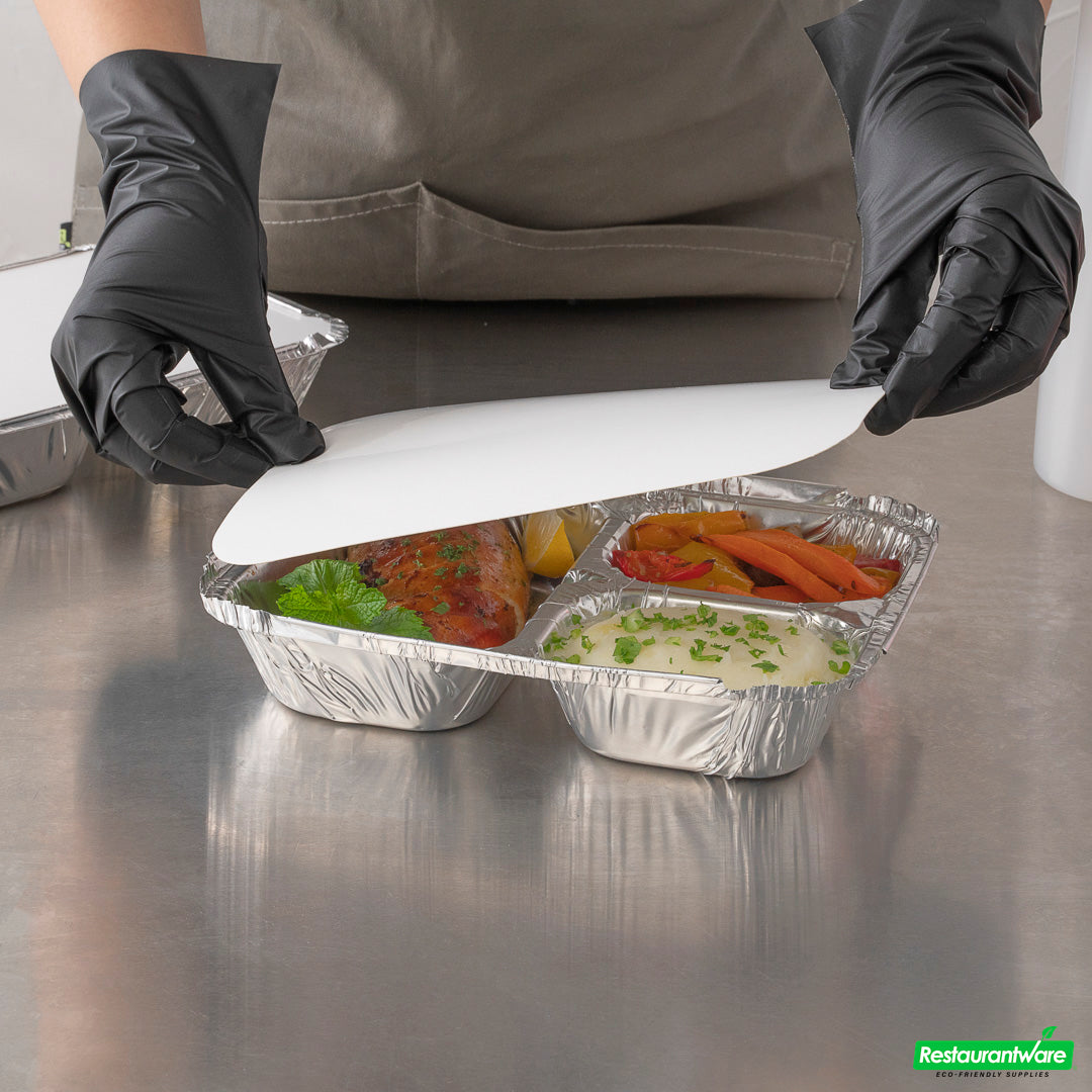 Wholesale Restaurantware Foil Lux Rectangle White Paper Flat Foil-Laminated Board Lid - Fits 3-Compartment Take Out Tray- Bulk