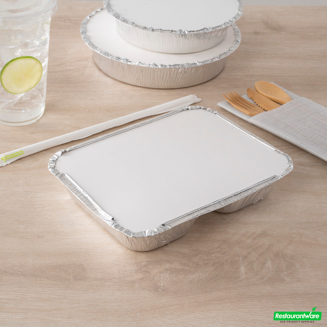 Wholesale Restaurantware Foil Lux Rectangle White Paper Flat Foil-Laminated Board Lid - Fits 3-Compartment Take Out Tray- Bulk