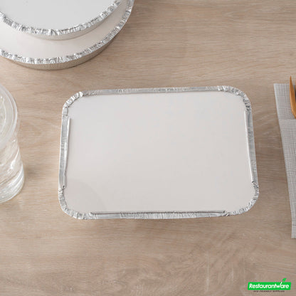 Wholesale Restaurantware Foil Lux Rectangle White Paper Flat Foil-Laminated Board Lid - Fits 3-Compartment Take Out Tray- Bulk