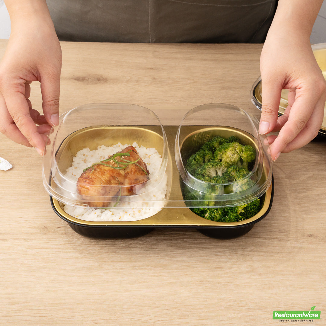 Wholesale Restaurantware Foil Lux Clear Plastic Flat Lid - Fits 2-Compartment Foil Container- Bulk