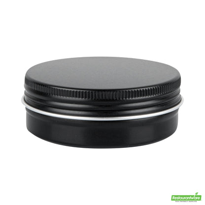 Wholesale Restaurantware 2 Oz Round Black Tin Container - with Screw Lid - 2.7" X 2.7" X 1"- Bulk